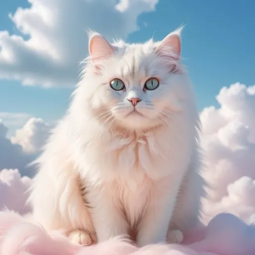 Prompt: Cloud cat, fluffy cloud material, floating on a sky background, high quality, dreamy, pastel colors, soft lighting, cute and whimsical, cloud-like fur, fluffy tail, serene atmosphere