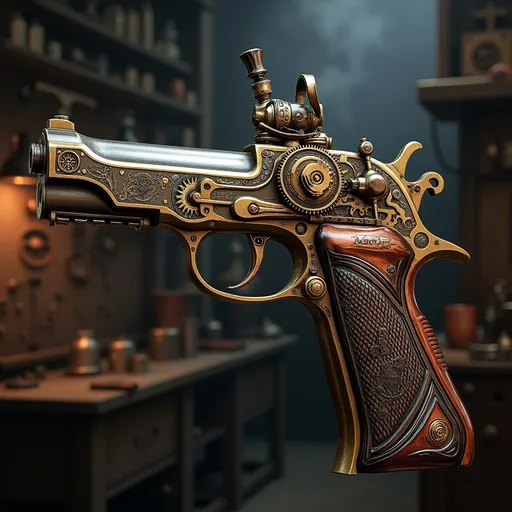 Prompt: (ultra-detailed steampunk pistol), intricate gears and mechanical parts, brass and copper materials, ornate craftsmanship, Victorian-inspired design, highly polished surfaces, dramatic lighting casting deep shadows, highlighted textures, atmospheric background of a smoky workshop, vintage aesthetics, high-quality rendering, captivating machinery details illustrating a sense of innovation, vibrant metallic tones.
