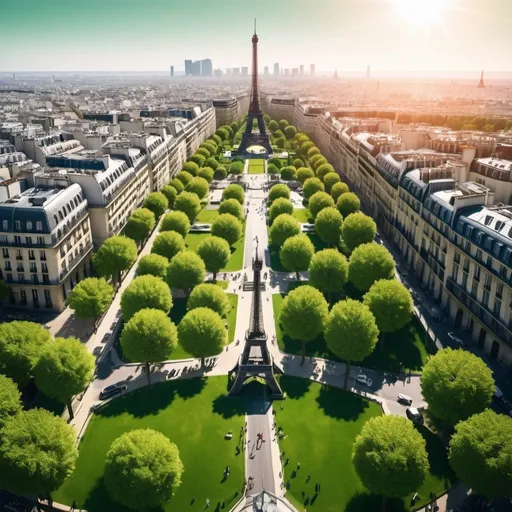 Prompt: it's the year 2050, we're in Paris. no one is talking with anyone in street anymore. everyone talking to their phone. it's a sunny day and we are close to Effel tower and sun is shining. the color of tress is green and we are looking from above to all of this. 