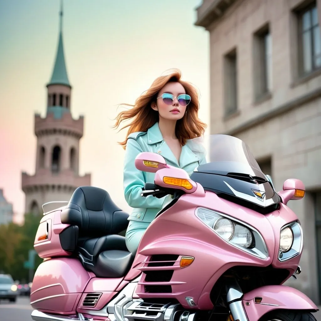 Prompt: Dreamy pastel portrait, GoldWing 1500SE on stree near a tower. 