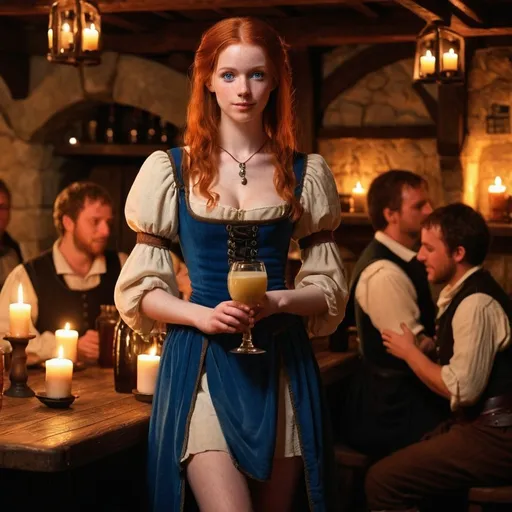 Prompt: In a dimly lit medieval tavern, softly illuminated by the warm glow of candles, a petite and cute redhead with striking blue eyes catches everyone's attention. She is slim, accentuated by a barmaid's micro dress and a micro skirt. The tavern is alive with the sounds of a bard singing, surrounded by a diverse crowd of medieval people, clad in traditional clothing, armor, and weapons, all enjoying the lively night.