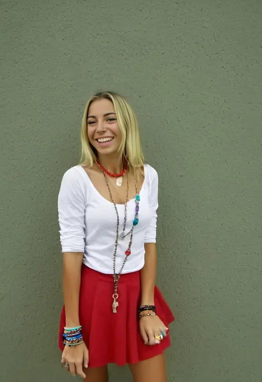 Prompt: Full body view of a joyful young Caucasian woman in her 20s with a baby face, blonde straight hair, wearing a red super mini skirt, a stylish bracelet, an organic necklace
