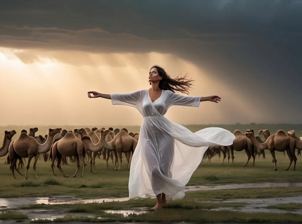 Prompt: A woman standing in the middle of a vast, open field during a gentle rainstorm. Her long, white dress flows dramatically in the wind, and raindrops glisten on the fabric. She has her eyes closed and arms outstretched, feeling the rain on her face with a serene expression of contentment. The sky is filled with dark, brooding clouds, but a soft, golden light breaks through, illuminating the scene with a warm glow. In the background, a realistic, misty, and dramatic caravan of camels is slowly making its way across the horizon, adding a sense of timelessness and adventure. Far in the distance, a majestic Emerald Phoenix (Zümrüt-ü Anka Kuşu) soars gracefully in the sky, its iridescent feathers shimmering even through the rain. The ground is wet with puddles reflecting the moody sky, and birds are flying overhead. The overall atmosphere is one of peace, connection with nature, and the serene beauty of the rain.