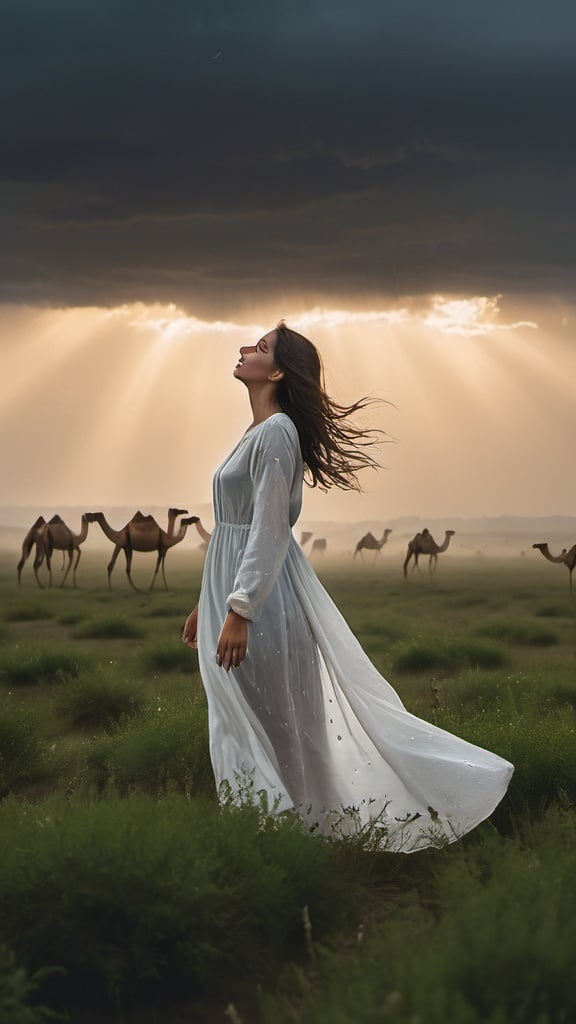 Prompt: A woman standing in the middle of a vast, open field during a gentle rainstorm. Her long, white dress flows dramatically in the wind, and raindrops glisten on the fabric. She has her eyes closed and arms outstretched, feeling the rain on her face with a serene expression of contentment. The sky is filled with dark, brooding clouds, but a soft, golden light breaks through, illuminating the scene with a warm glow. In the background, a realistic, misty, and dramatic caravan of camels is slowly making its way across the horizon, adding a sense of timelessness and adventure. Far in the distance, a majestic Emerald Phoenix (Zümrüt-ü Anka Kuşu) soars gracefully in the sky, its iridescent feathers shimmering even through the rain. The ground is wet with puddles reflecting the moody sky, and birds are flying overhead. The overall atmosphere is one of peace, connection with nature, and the serene beauty of the rain.