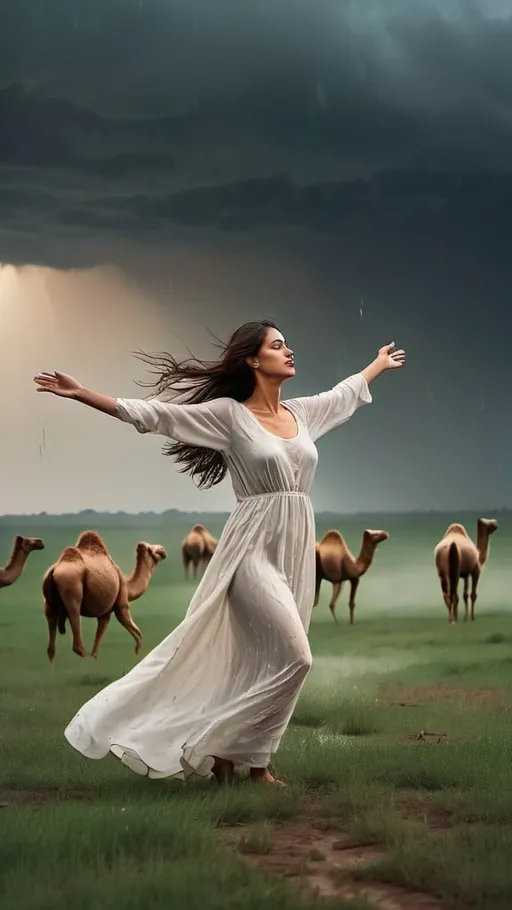 Prompt: A woman standing in the middle of a vast, open field during a gentle rainstorm. Her long, white dress flows dramatically in the wind, and raindrops glisten on the fabric. She has her eyes closed and arms outstretched, feeling the rain on her face with a serene expression of contentment. The sky is filled with dark, brooding clouds, but a soft, golden light breaks through, illuminating the scene with a warm glow. In the background, a realistic, misty, and dramatic caravan of camels is slowly making its way across the horizon, adding a sense of timelessness and adventure. Far in the distance, a majestic Emerald Phoenix (Zümrüt-ü Anka Kuşu) soars gracefully in the sky, its iridescent feathers shimmering even through the rain. The ground is wet with puddles reflecting the moody sky, and birds are flying overhead. The overall atmosphere is one of peace, connection with nature, and the serene beauty of the rain.