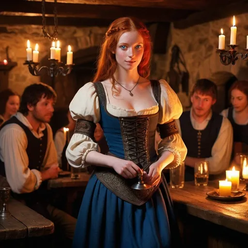 Prompt: In a dimly lit medieval tavern, softly illuminated by the warm glow of candles, a petite and cute redhead with striking blue eyes catches everyone's attention. She is slim, accentuated by a barmaid's micro dress and a micro skirt. The tavern is alive with the sounds of a bard singing, surrounded by a diverse crowd of medieval people, clad in traditional clothing, armor, and weapons, all enjoying the lively night.