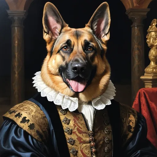 Prompt: it is nighttime. it is a male german shephard dog in a renaissance suit in a late elizabethian background painting


