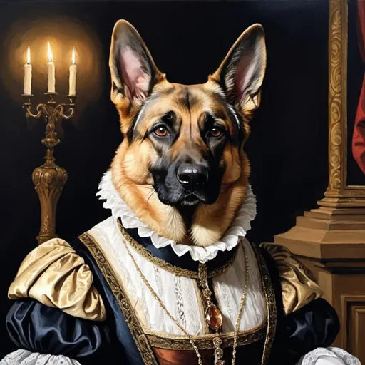 Prompt: it is nighttime. it is a female german shephard dog in a renaissance suit in a late elizabethian background painting


