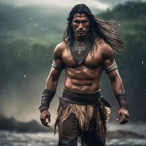 Prompt: Handsome native South-American man, long hair, slender ripped body, smirk, south american indigenous rugged sensual battle clothes, hyperrealistic, super detailed, epic cinematic filter lighting, deep rainfores background, very strong winds and rain, epic battle stance