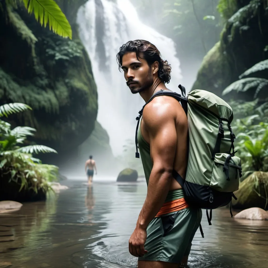 Prompt: Handsome diverse man exploring a shallow river, camper's backpack, dense misty rainforest, man is placed to the right, sensual rugged swim wear, photorealistic