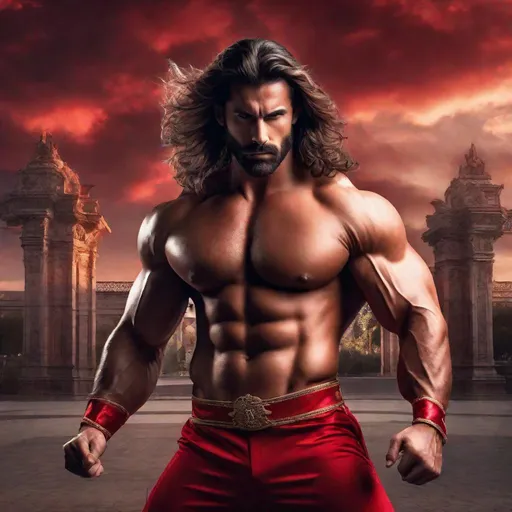 Prompt: Handsome Spaniard hairy muscle man, big pecs, long hair, Spanish-inspired sensual red fantasy suit,  hyperrealistic, super detailed, cinematic lighting, Madrid park background, strong winds, epic battle stance