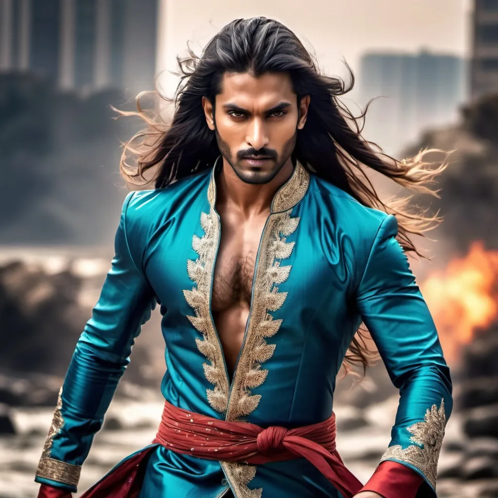 Prompt: Handsome Indian man, very long hair, slender ripped body, hair, Sherwani-inspired rugged sensual battle suit,  hyperrealistic, super detailed, epic cinematic filter lighting, Mumbai background, very strong winds, epic battle stance