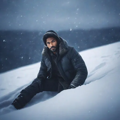 Prompt: Diverse handsome man in snowstorm, laying on snowy hill, sensual rugged winter gear, hyperrealistic, epic cinematic filter lighting, high bird's eye view