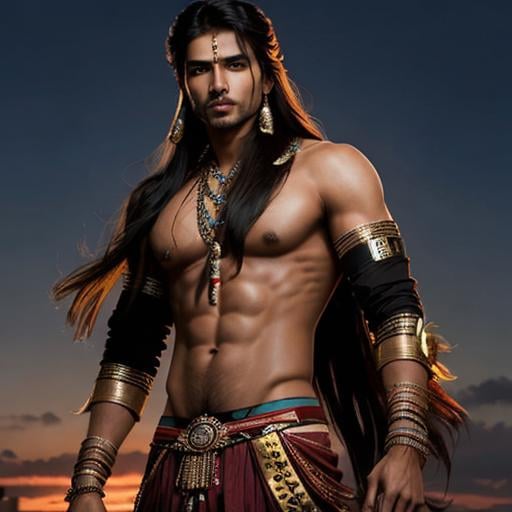 Prompt: Handsome Indian long hair man, Indian-inspired revealing battle suit, slender ripped body,  low waist pants, artsy style, Indian city sunset background