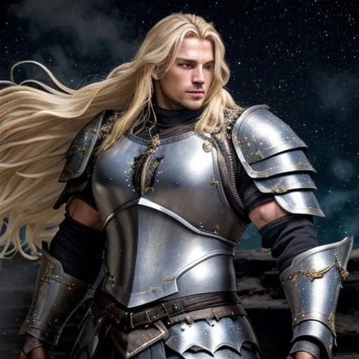 Prompt: Handsome German man with long dirty blonde hair,  techno warrior revealing armor, big fat muscular body,  starry background, vibrant colors