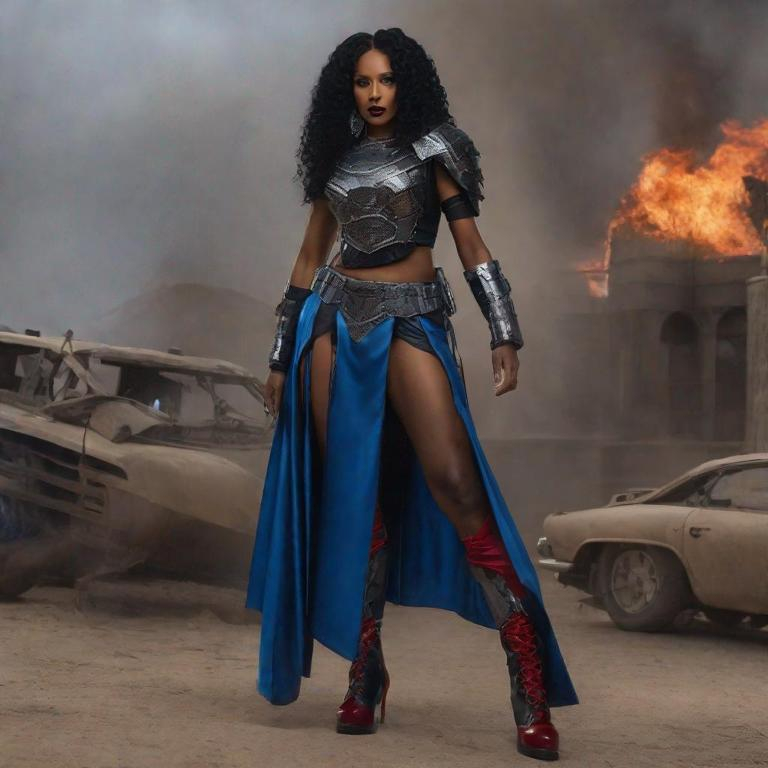 Prompt: Lama Ladonna from Vampire Survivors as a realistic black woman,  tied long black hair, wearing big metal soldier armor top and long blue skirt, small red shoes, holds big axe