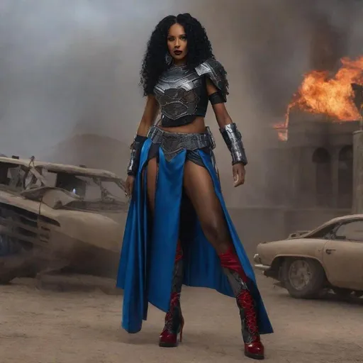 Prompt: Lama Ladonna from Vampire Survivors as a realistic black woman,  tied long black hair, wearing big metal soldier armor top and long blue skirt, small red shoes, holds big axe