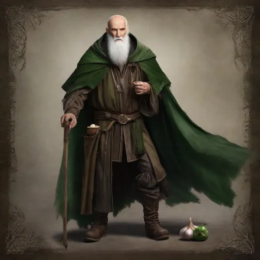 Prompt: Poe Ratcho from Vampire Survivors as a realistic elder man,  white skin, long white beard, bald, brown medieval rags, green long cape, brown boots, uses wooden cane, holding some garlic