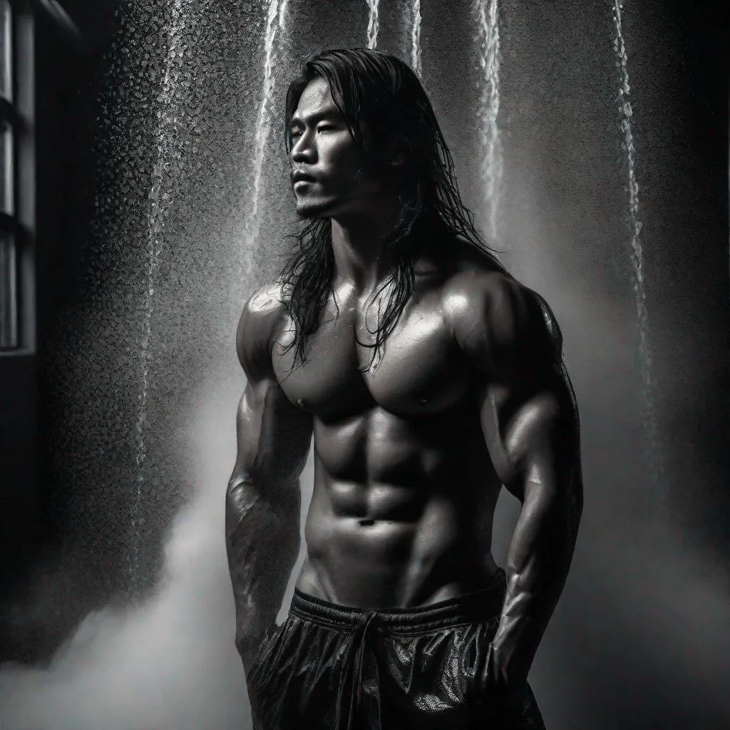 Prompt: Handsome South-East Asian hunky  man, intense gym shower, heavy dramatic steam and mist, hyperrealistic, Nikon Z FX shot, very long hair, soaked, grayscale