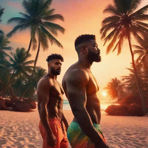 Prompt: Two diverse-race Handsome burly men, at beach, many palm trees, smitten soaked, sunrise, sensual, vibrant colors, hyperrealistic, side Go Pro view, blurry motion background