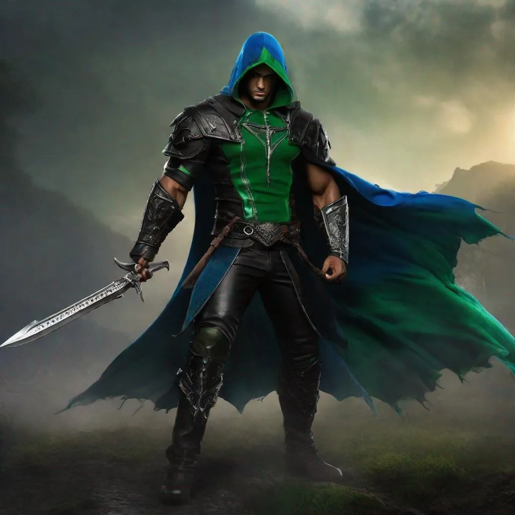 Prompt: Antonio Belpaese from Vampire Survivors as a realistic man, tan skin, muscular build, sensual green fantasy armor, big black boots, blue hoodie, wields ancient whip as a weapon.