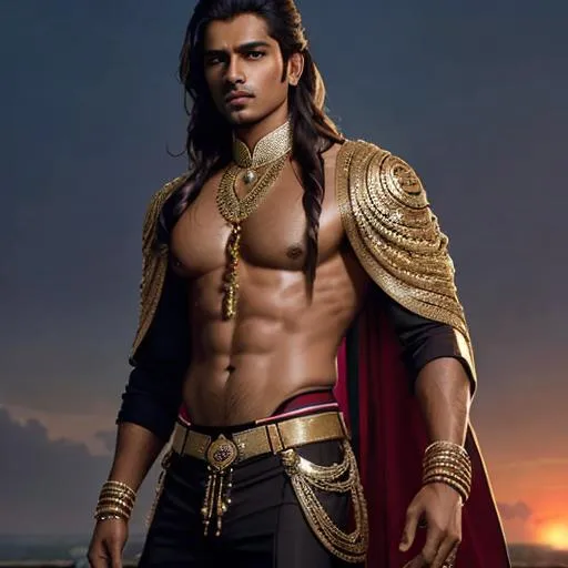Prompt: Handsome brown-skin Indian man, shoulder-length hair, Sherwani-inspired battle suit, slender ripped body,  low waist pants, artsy style, Mumbai sunset background