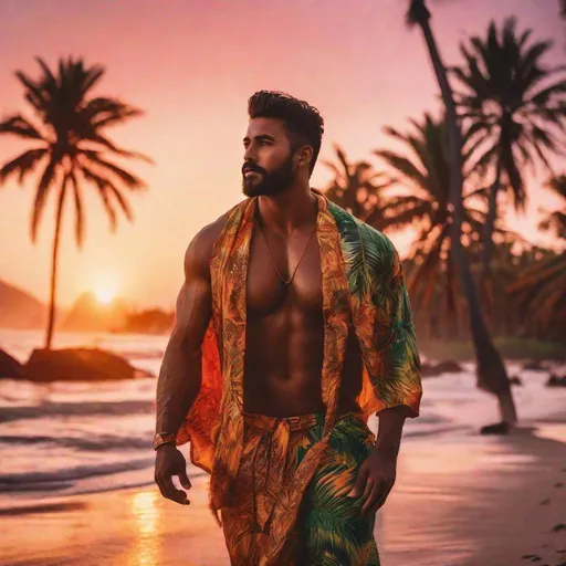 Prompt: Two diverse-race Handsome burly men, at beach, many palm trees, smitten soaked, sunrise, sensual, vibrant colors, hyperrealistic, side Go Pro view, blurry motion background