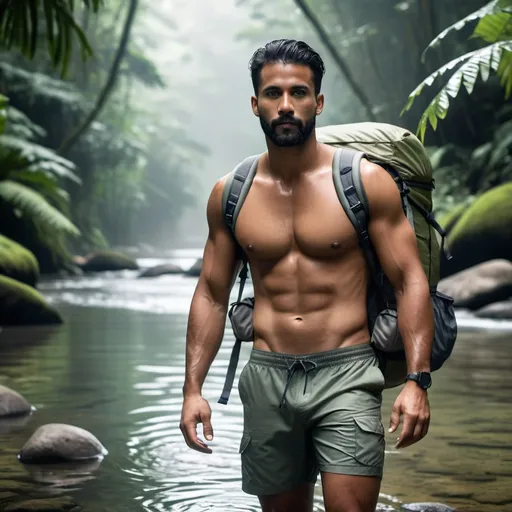 Prompt: Handsome diverse man exploring a shallow river, camper's backpack, dense misty rainforest, sensual rugged swim wear, photorealistic off-center composition