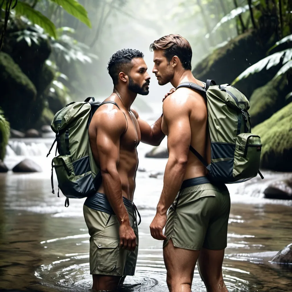 Prompt: Two handsome diverse men touch each other in a shallow river, soaked and dirty, camper's backpack, sensual rugged swim wear, very dense misty rainforest, photorealistic off-center composition