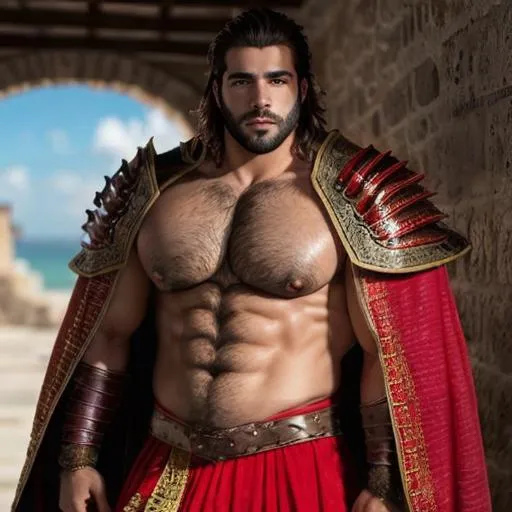 Prompt: Handsome Spaniard hairy man,  Spanish-inspired red revealing textured suit, very short cape to the back, battle armor fantasy sleeve, big beefy body, vibrant colors