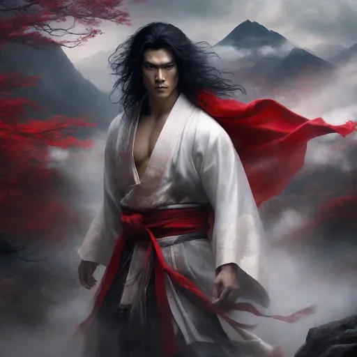 Prompt: Syuuto Moonspell from Vampire Survivors as a Japanese male, tan skin, surrounded by heavy ghostly mist, wearing sensual white thick garb with red sleeve borders, big black hair, big red scarf on one shoulder, magical mountain village background, epic battle stance, vibrant colors, hyperrealistic