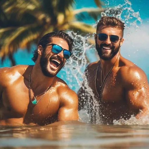 Prompt: Two Handsome burly men, at beach, splashing soaked, summertime, sensual, happiness, vibrant colors, hyperrealistic, side Go Pro view, blurry motion background