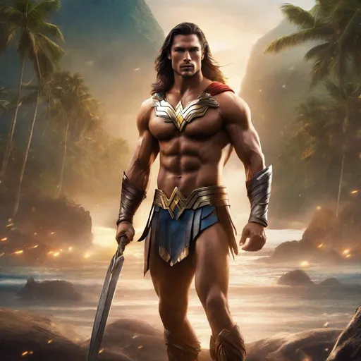 Prompt: Handsome ripped muscular man, has some face features like Gal Gadot, semi-feminine, tan skin, sensual textured Wonder Woman-style shorts, arm cuffs and tiara. long hair, thick thighs, hyperrealistic, fierce action stance, mystical island background