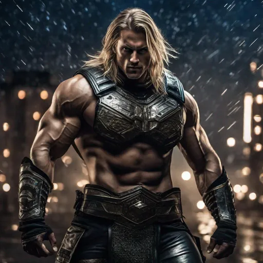 Prompt: Handsome German man, long dirty blonde hair, techno warrior sensual armor, big fat muscular body, starry night at Hamburg background, hyperrealistic, super detailed, cinematic lighting, strong winds, dynamic movement epic battle stance