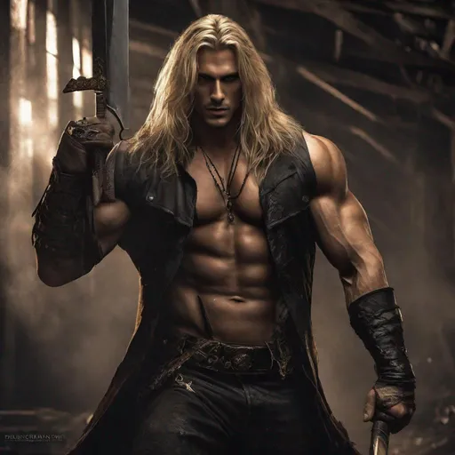 Prompt: Gennaro Belpaese from Vampire Survivors as a realistic robust man, big muscular build, long blonde hair, sensual brown ragged skirt, big black boots, wields big metal knives as weapons.