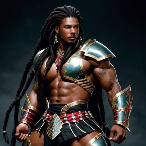 Prompt: Handsome black latino Caribbean man with long flowing hair twists,  fierce warrior with revealing red and black battle armor, beefy thick muscular body,  battle stance, artsy style