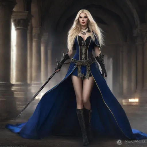 Prompt: Pasqualina Belpaese from Vampire Survivors as a realistic woman, white skin, long blonde hair, long blue and black fantasy mage dress, big black boots, wield tall magic lance as weapon