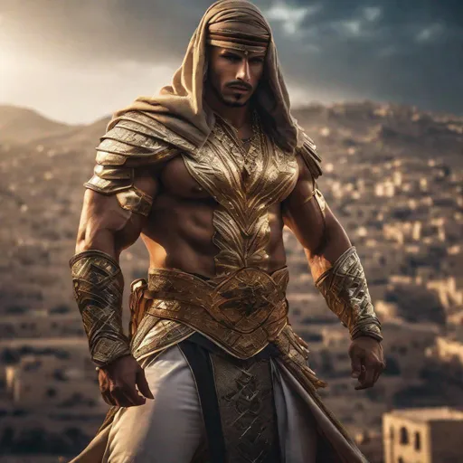 Prompt: Handsome Jordanian muscle man, Dishdasha-inspired fantasy battle rags, plenty gold jewelry, hyperrealistic, super detailed, cinematic lighting, Amman city background, strong winds, epic fighter stance