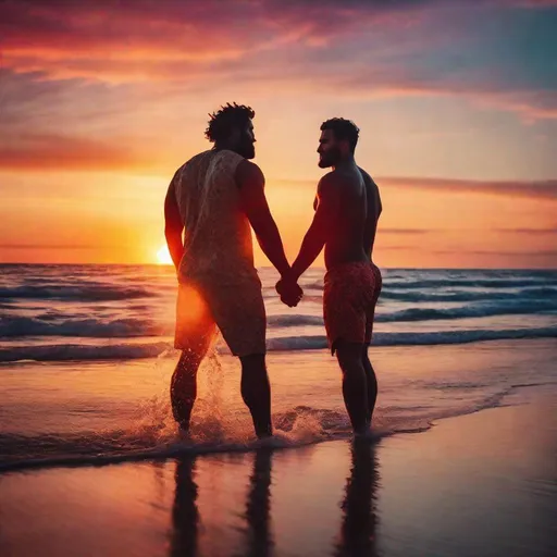 Prompt: Two diverse-race Handsome burly men, at beach holding hands, smitten soaked, sunset, sensual, vibrant colors, hyperrealistic, side Go Pro view, blurry motion background