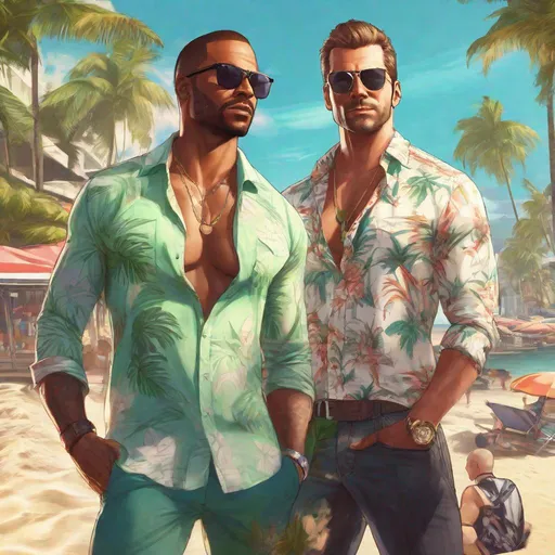 Prompt: Two handsome diverse men, smitten, sunglasses, sensual unbuttoned shirt, GTA V style, tropical city beachfront
