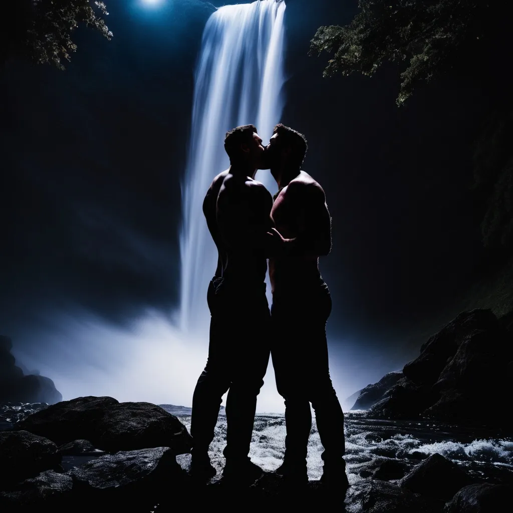 Prompt: Beefy men kiss at waterfall, moonlight, nighttime, windy, flower petals falling, misty