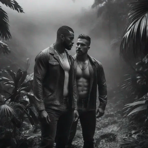 Prompt: diverse gay male burly couple, exploring tropical rainforest, sensual rugged clothes,  dramatic mist, soaked, hyperrealistic, close-up diagonal front shot, grayscale
