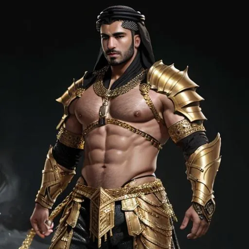 Prompt: Handsome Arab man,  gold coated battle armor, beefy thick muscular body,  long textured pants, artsy style, Arab city background