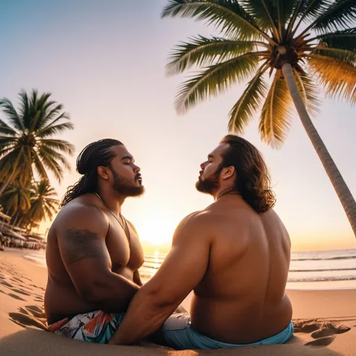 Prompt: Two diverse Handsome chub men, long hair, sitting under palm tree kissing, sunset at beach, sensual, soaked, full shot, hyperrealistic, diagonal GoPro dynamic view