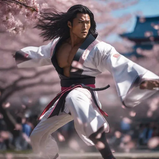 Prompt: Handsome semi-dark skin muscular Japanese man, tall hair, big torso, Judo-inspired revealing techno fantasy suit, hyperrealistic, super detailed, cinematic lighting, Tokyo park background, strong winds, many cherry blossom petals, dynamic movement epic battle stance