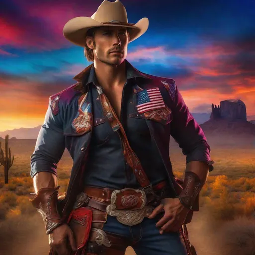 Prompt: Handsome USA hunky cowboy, sensual fantasy  outfit, revolver, vibrant colors, hyper All-American fantasy, USA ranch background, hyperrealistic