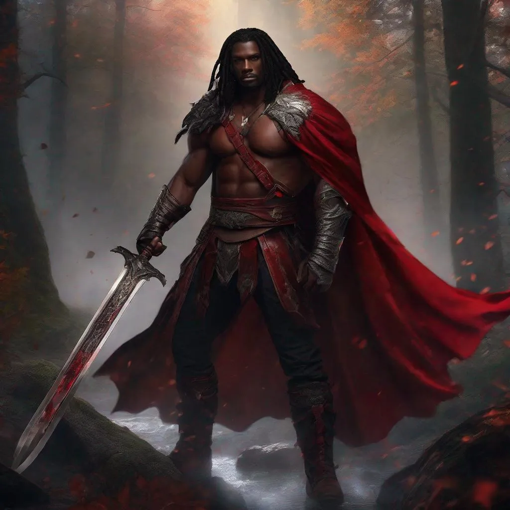 Prompt: Maruto Cuts from Vampire Survivors as a black man, semi-long hair locs, bulky muscular, sensual red fantasy armor with red cape, big brown boots, gigantic thick sword, hyperrealistic, mystical forest background
