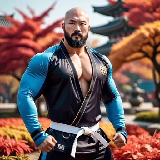 Prompt: Handsome Korean bald bearded bara chubby muscle man, hairy chest, Taekwondo-inspired sensual fantasy suit, fingerless gloves, hyperrealistic, super detailed, cinematic lighting, city park garden background, strong winds, epic battle stance, autumn, vibrant colors