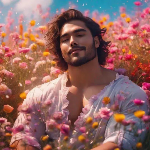 Prompt: Race-diverse hairy chubby handsome man, happy, sensual, flower petals on body, sitting on diverse flower field, soaked, joyful, vibrant colors, strong winds, glittery fantasy, romance novel aesthetic, side diagonal view