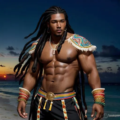 Prompt: Handsome black latino Caribbean man, extra-long hair twists,  Panamanian-inspired revealing battle suit, beefy thick muscular body, long textured Panama folkloric pants, vibrant colors. Panama City, Panama sunrise background